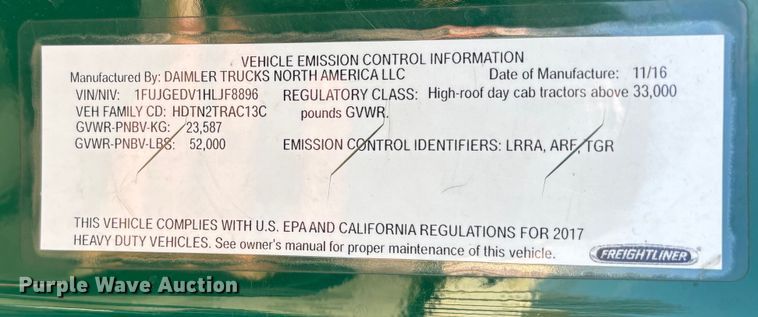 image for item FG1024 2017 Freightliner Cascadia 125 semi truck