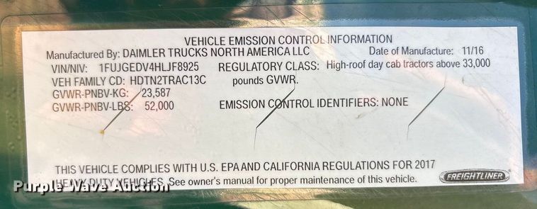 image for item FG1025 2017 Freightliner Cascadia 125 semi truck