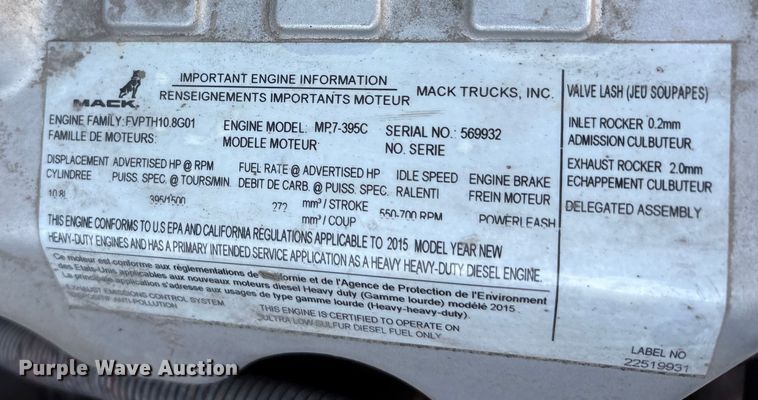 image for item FG1026 2016 Mack CXU semi truck