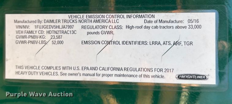 image for item FG1027 2017 Freightliner Cascadia 125 semi truck