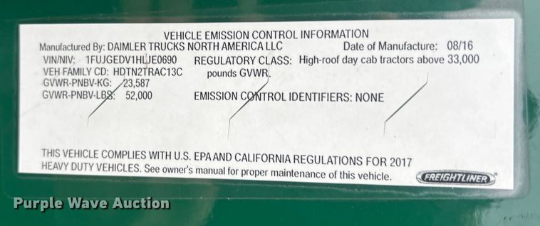 image for item FG1028 2017 Freightliner Cascadia 125 semi truck