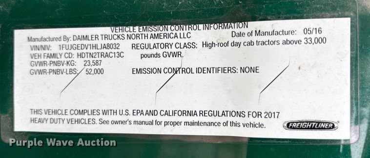 image for item FG1035 2017 Freightliner Cascadia 125 semi truck