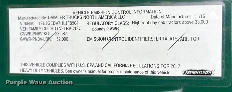 image for item FG1036 2017 Freightliner Cascadia semi truck