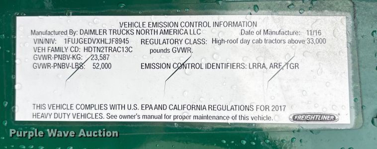 image for item FG1037 2017 Freightliner Cascadia 125 semi truck