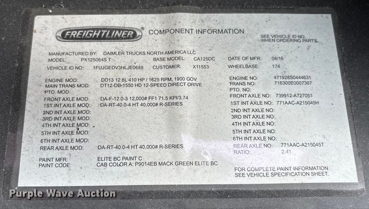 image for item FG1042 2017 Freightliner Cascadia 125 semi truck