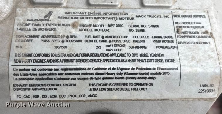 image for item FG1045 2016 Mack CXU613 semi truck