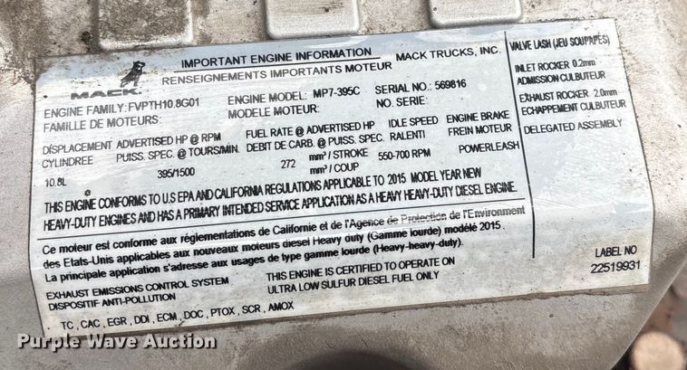 image for item FG1050 2016 Mack CXU613 semi truck