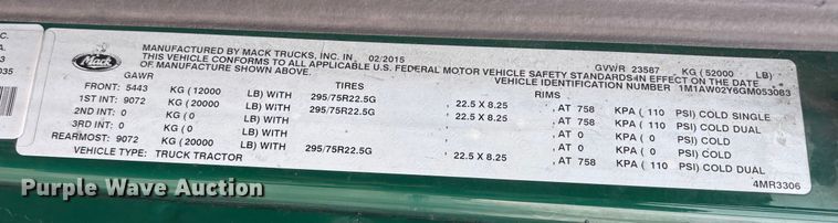 image for item FG1050 2016 Mack CXU613 semi truck