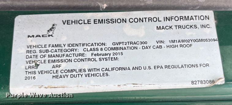 image for item FG1051 2016 Mack CXU613 semi truck