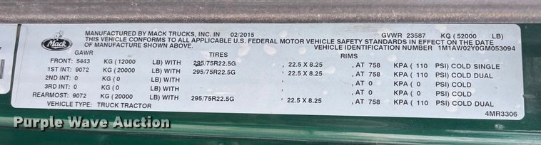 image for item FG1051 2016 Mack CXU613 semi truck