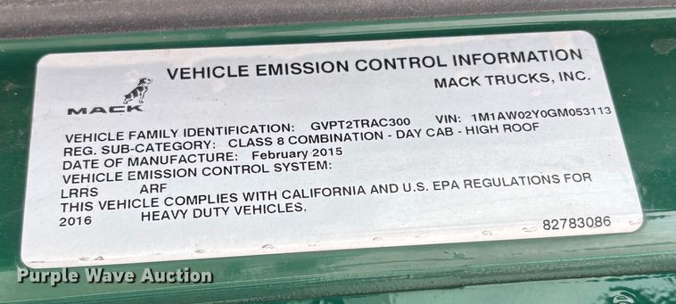 image for item FG1053 2016 Mack CXU613 semi truck