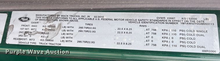 image for item FG1053 2016 Mack CXU613 semi truck