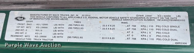 image for item FG1055 2016 Mack CXU613 semi truck