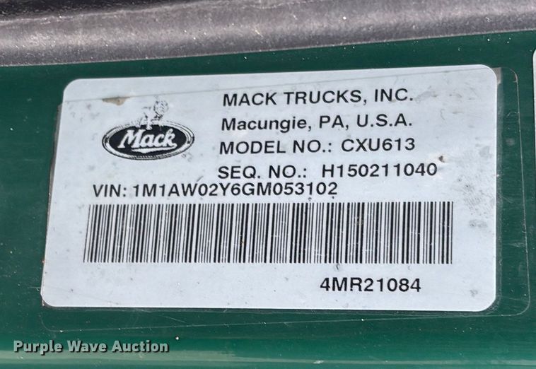 image for item FG1055 2016 Mack CXU613 semi truck