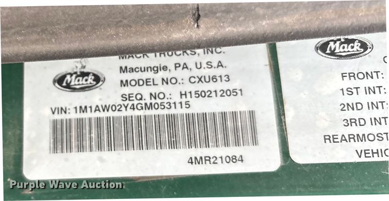 image for item FG1056 2016 Mack CXU613 semi truck