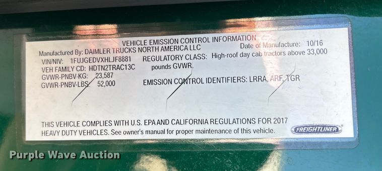 image for item FG1072 2017 Freightliner Cascadia 125 semi truck