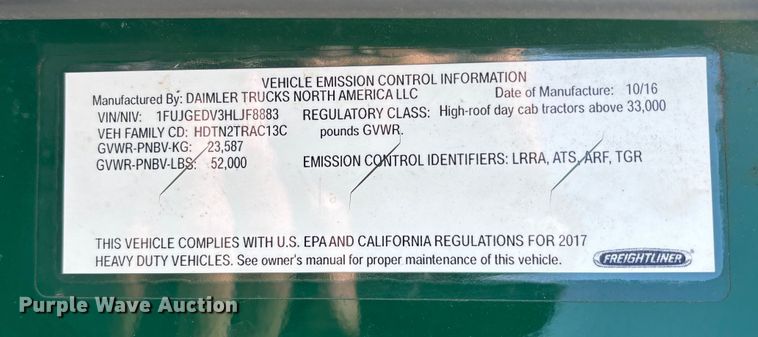 image for item FG1073 2017 Freightliner Cascadia 125 semi truck