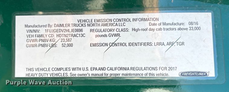 image for item FG1078 2017 Freightliner Cascadia 125 semi truck