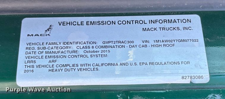 image for item FG1080 2016 Mack CXU613 semi truck