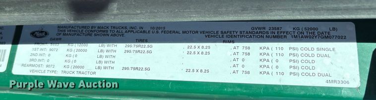 image for item FG1080 2016 Mack CXU613 semi truck