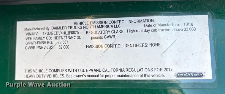 image for item FG1081 2017 Freightliner Cascadia 125 semi truck