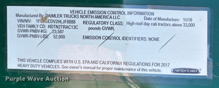 image for item FG1088 2017 Freightliner Cascadia 125 semi truck