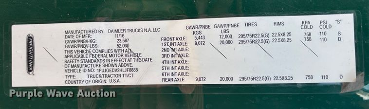 image for item FG1088 2017 Freightliner Cascadia 125 semi truck