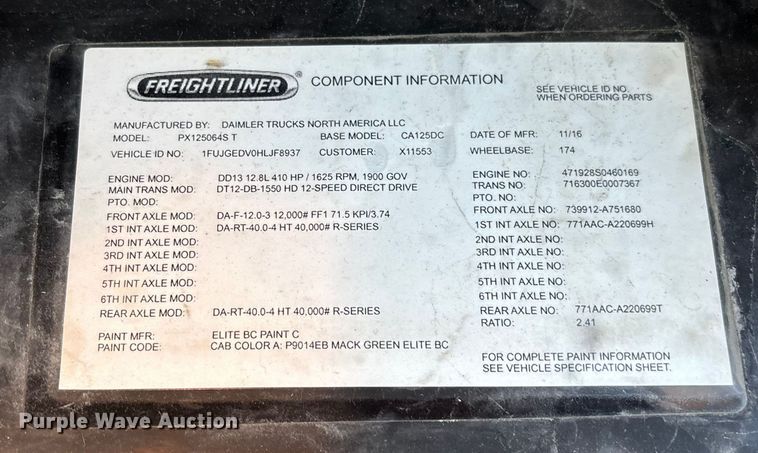image for item FG1090 2017 Freightliner Cascadia 125 semi truck