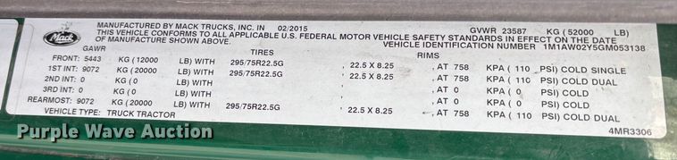 image for item FG1092 2016 Mack CXU613 semi truck