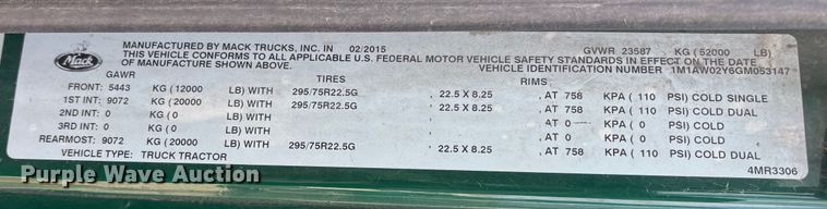 image for item FG1100 2016 Mack CXU613 semi truck