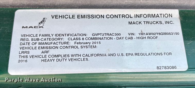 image for item FG1101 2016 Mack CXU613 semi truck