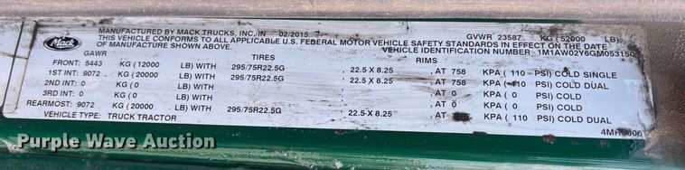 image for item FG1101 2016 Mack CXU613 semi truck