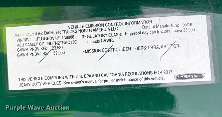 image for item FG1112 2017 Freightliner Cascadia 125 semi truck