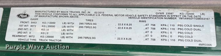 image for item FG1113 2016 Mack CXU613 semi truck