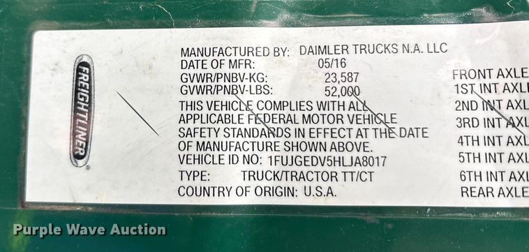 image for item FG1117 2017 Freightliner Cascadia 125 semi truck