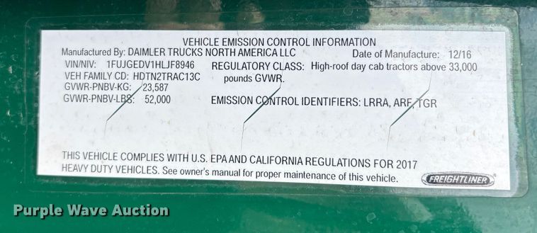 image for item FG1118 2017 Freightliner Cascadia 125 semi truck