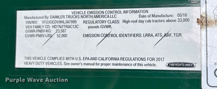 image for item FG1119 2017 Freightliner Cascadia 125 semi truck