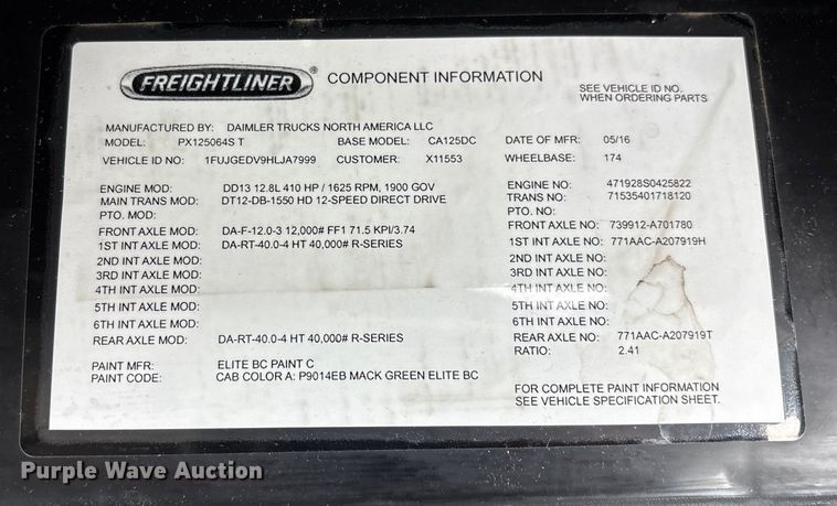 image for item FG1119 2017 Freightliner Cascadia 125 semi truck