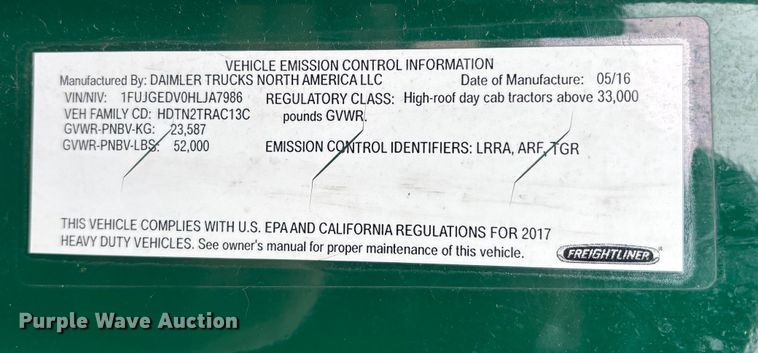 image for item FG1121 2017 Freightliner Cascadia 125 semi truck