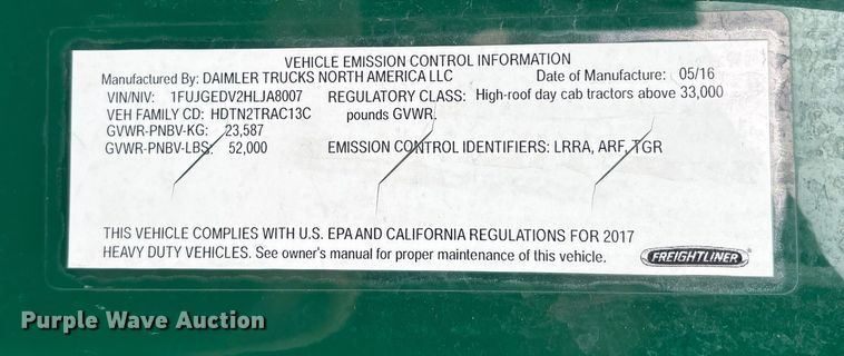 image for item FG1122 2017 Freightliner Cascadia 125 semi truck