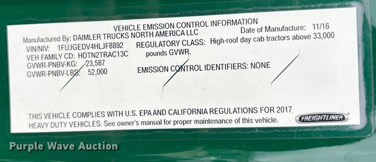 image for item FG1123 2017 Freightliner Cascadia 125 semi truck