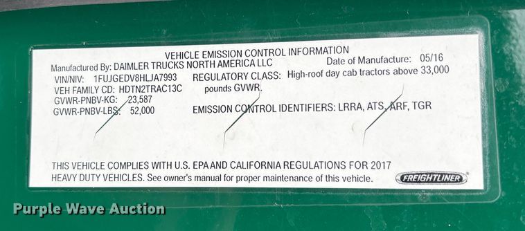 image for item FG1127 2017 Freightliner Cascadia 125 semi truck