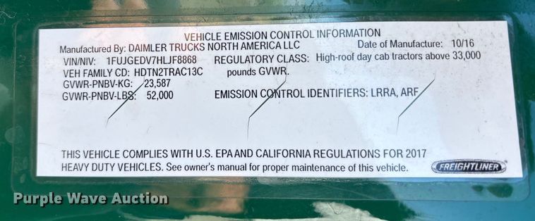 image for item FG1133 2017 Freightliner Cascadia 125 semi truck