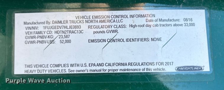 image for item FG1134 2017 Freightliner Cascadia 125 semi truck