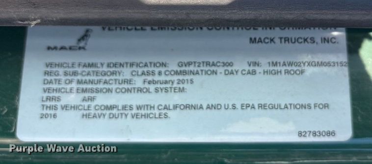 image for item FG1136 2016 Mack CXU613 semi truck