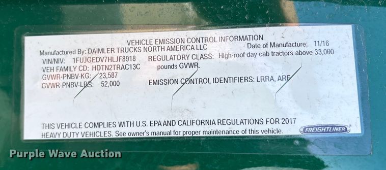 image for item FG1137 2017 Freightliner Cascadia 125 semi truck