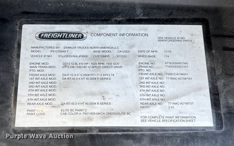 image for item FG1138 2017 Freightliner Cascadia 125 semi truck