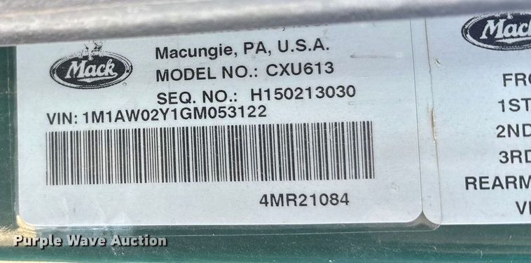 image for item FG1139 2016 Mack CXU613 semi truck