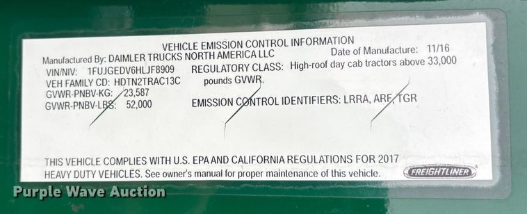 image for item FG1145 2017 Freightliner Cascadia 125 semi truck