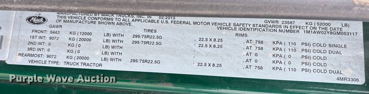 image for item FG1146 2016 Mack CXU613 semi truck